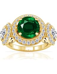 14K Yellow Gold Round Cut Emerald Ring With Sidestones (GIA Certificate)