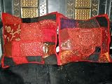 2 Red Black Maroon Beaded Vintage Sari Toss Pillow Cushion Covers From India