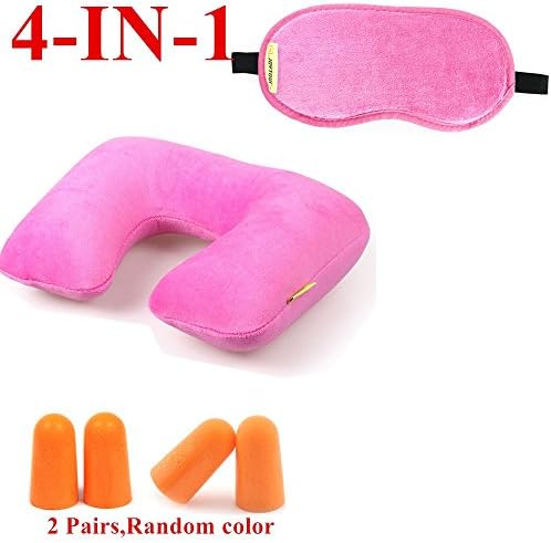Joytour Travel Rest Kit - Inflatable Neck Travel Pillow Headest Cushion + Lightweigh Sleep Eye Mask + Free 2 Pairs Random Colors Earplugs Best Sleeping for Airplane, Camping Travel Pillow Set--Lifetime Products Warranty (Rose Red)