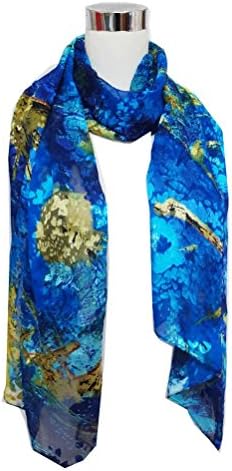 Chiffon/Satin Blend Blue and Gold Abstract Print - 100% Silk Long Scarf 22" x 70"