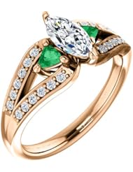 18K Rose Gold Marquise Cut Diamond and Emerald Ring -- LIFETIME WARRANTY