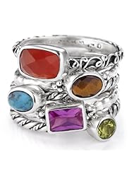 Lori Bonn Sterling Silver "Moxie Collection" Carnelian, Tigers Eye, Turquoise, Pink Sapphire and Terbium Stackable Ring Set Size 7