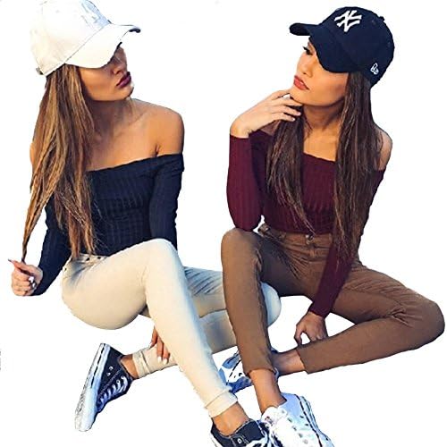 ZHU Womens Off Shoulder Crop Top Tight Fitted Blouse Long Sleeve Shirt Knitwear Black