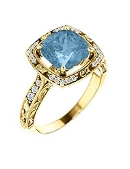 18K Yellow Gold 8.00x8.00mm Antique Cushion Cut Sky Blue Topaz and Diamond Ring -- LIFETIME WARRANTY