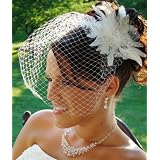 White Feather Bridal Rhinestone Headpiece Cage Veil with Clip by zynya