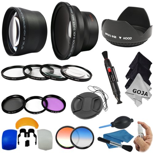 Essential Kit for CANON REBEL (T3i T3 T2i T2 T1i XTi XT XSi XS), CANON EOS (1100D 600D 550D 500D 450D 400D 350D 300D) Includes: 58mm .43x Super Wide Angle & 2.0x Telephoto High Definition Lenses + Filter Kit (UV, Polarizing, Fluorescent) + Macro Close Up Set + Tulip Flower Lens Hood + Center Pinch Lens Cap + 2 Graduated Color Filters (Orange, Blue) + Flash Diffuser Set + Deluxe Cleaning Kit + Lens Cleaning Pen + 3 Premium Goja Microfiber Cleaning Cloths