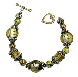 Bracelet - B41 - Handmade Murano Glass & Fire-Polished Beads - Toggle Closure ~ Green & Black Stripe