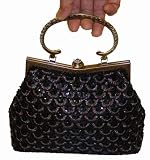 A Formal Vintage Style Black Evening Handbag, Full Beaded Clasp Purse W/shoulder Chain