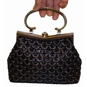 A Formal Vintage Black Evening Handbag, Full Beaded Clasp Purse W Shoulder Chain