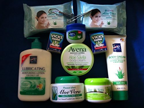 Aloe Set : Avena : Aloe "Savila" Body Cream. Vaseline : "BlueSeal" Light Hydrating Jelli Aloe Fresh. Personal Care : "Aloe Vera" Skin Cream. Crisi : "Aloe Vera Salila" Cream. Lucky SuperSoft : "Aloe Vera" Body Cream Refresh , Revitalize &amp; Moisturize. Lucky SuperSoft : "Aloe Vera" Lubricating Moisturizing Lotion For Daily Use. Plus Bonus - Epielle : "Aloe Vera" Cleansing Tissues 30 X 2=60 Tissues. - Vicks : "VapoRub" Vaporizing Colds Medicine 19g Two Jars - Nail Clippers. - Tweezers.