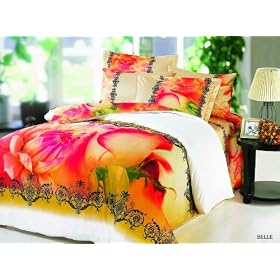 Queen Size Duvet Cover Bedding Set, Fitted Sheets 6 Piece Set, Roses and Dahlias, Yellow