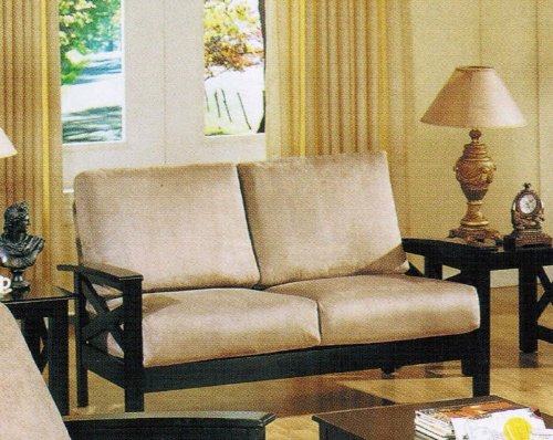 Loveseat Sofa with Cross Design Tan Microfiber Espresso Finish