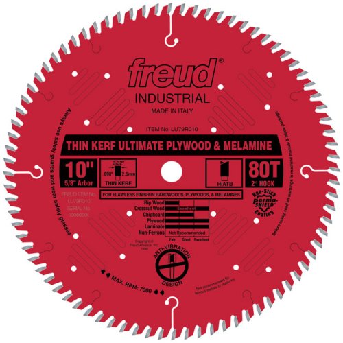 Freud LU79R010 Thin Kerf Ultimate Plywood & Melamine Saw Blade 10 inch x 80t Hi-ATB 5/8 inch arbor Perma-Shield Coated