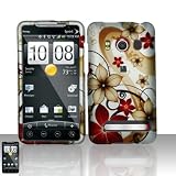 Rubberized Gold Red Flower Snap on Design Case Hard Case Skin Cover Faceplate for Sprint Htc Evo 4g + Screen Protector Film + Free Cell Phone Bag