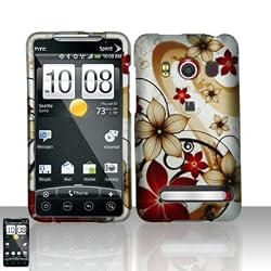 Rubberized Gold Red Flower Snap on Design Case Hard Case Skin Cover Faceplate for Sprint Htc Evo 4g