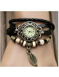 Black Color Quartz Fashion Weave Wrap Around Leaf Leather Bracelet Lady Women Wrist Watch + Free Gift Bracelet