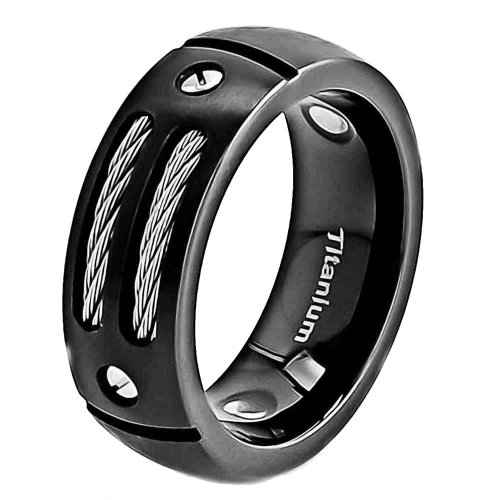 8mm Men Black Titanium Ring Wedding Band with Stainless Steel Cables and Screw Design Wedding Ring SPJ