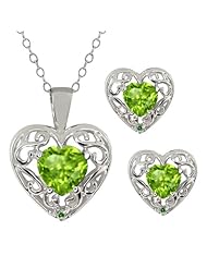 1.88 Ct Heart Shape Green Peridot Sterling Silver Pendant Earrings Set