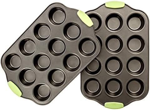 Set of 2 Nonstick Rectangular Cupcake Pan w/ Green Silicone Handles, By Intriom Green Collection