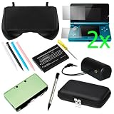 GTMax Black EVA Pouch Case + 4 Colors Stylus + Green Aluminum Hard Metal Cover Case + 2x Clear LCD Screen Protector + Black Mini Stero Speaker + Li-Ion Battery + Retractable Metalic Stylus for Nintendo 3DS