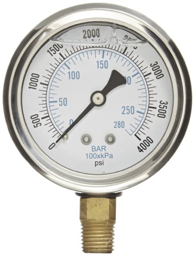 PIC GaugesPRO-201L-254Q 0-4000 PSI Pressure Gauge, 2 1/2" Dial, 1/4" Male NPT Connection, Bottom Mount, Dual Scale, Glycerin Filled, Stainless Steel Case/Bezel, Brass Internals & Plastic Lens