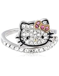 Hello Kitty Girls "Black Outline" Sterling Silver Black Pave Crystal Face Pink Crystal Bow Bypass Ring, Size 7
