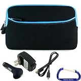 Gizmo Dorks Soft Neoprene Zipper Case (Black with Blue Trim) and Charging Bundle with Carabiner Key Chain for the Kobo eReader Touch Edition