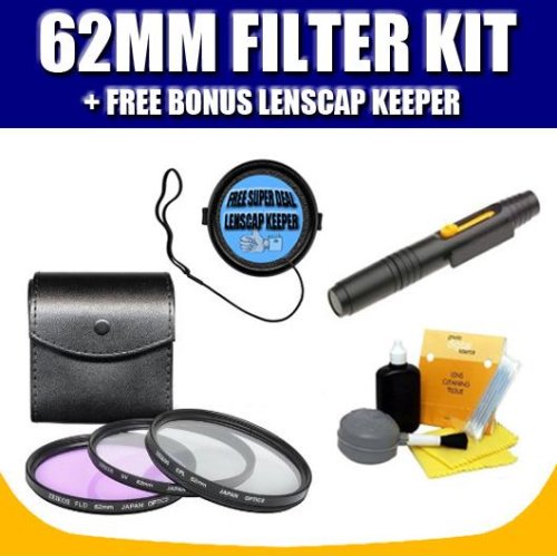 62MM 3 PIECE FILTER KIT FOR CANON, NIKON, SONY, PENTAX, PANASONIC, OLYMPUS AND SIGMA DIGITAL SLR CAMERAS FOR CANON, NIKON, SONY, PENTAX, PANASONIC, OLYMPUS AND SIGMA DIGITAL SLR CAMERAS WITH EXCLUSIVE SUPERDEAL ACCESSORIES - FREE BONUS LENS CAP KEEPER