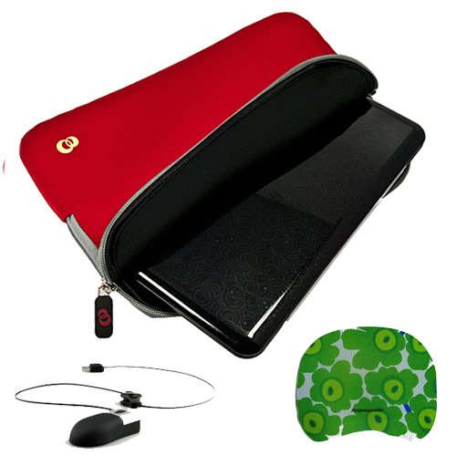 Red Neoprene Protective Sleeve Cover Carrying Case with Exterior Accessory Pocket for any 10.1 inch Laptop, Netbook, or Portable DVD Player + Naztech USB Mini Mouse with Retractable Cord for Laptop and Desktop + Bestpricecenter Mouse Pad