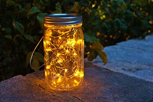 Mason Jar Firefly Lantern with Handle | Battery Operated Amber LED String Lights In Wide-mouth Bell Jar | Backyard Lighting | Party Decor | Rustic Decor | Country Decor