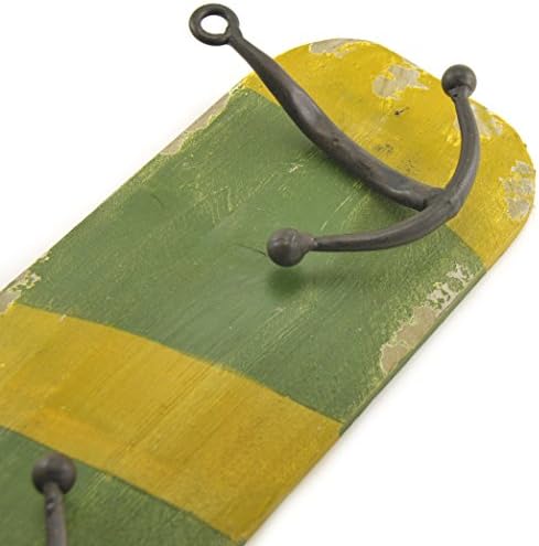 5 Triple Hook Wall Rack, Distressed Wood Boat Oar, Metal Anchor Hooks, 40-inch, Yellow Green, Nautical Decor
