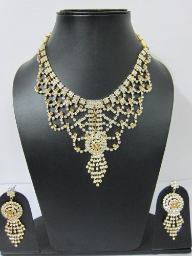 Gold Finish Rhinestone Necklace Earrings Cocktail Prom Jewelry Set 2pc Gold Finish Rhinestone Necklace Earrings Cocktail Prom Jewelry Set 2pc