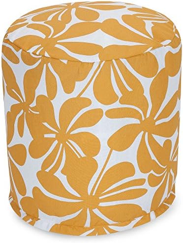 Single Piece Yellow Round Shape Small Ottoman, Plantation &amp; Geometric Pattern, Polyester Material, Standard Type Pouf, Spot Clean Care Instruction, Removable Zipper Cover, Medium Yellow, White