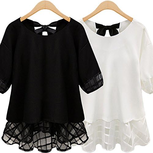 Faermi Women Autumn Round Neck Half Sleeve Casual Chiffon Shirt Blouse (5X, Black)