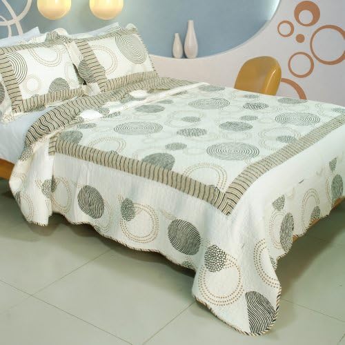 [Circle Style] 100% Cotton 3PC Vermicelli-Quilted Patchwork Quilt Set (Full/Queen Size)
