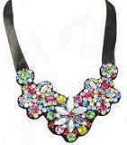 ZAD Beautiful Colorful Crystal Covered Flower Bib Necklace on LONG Adjustable Black Satin Ribbon