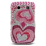 Sparkling Pink Red Twin Heart Full Diamond Rhinestone Snap on Hard Skin Bling Cover Case for Blackberry Bold 2 Bold2 Onxy