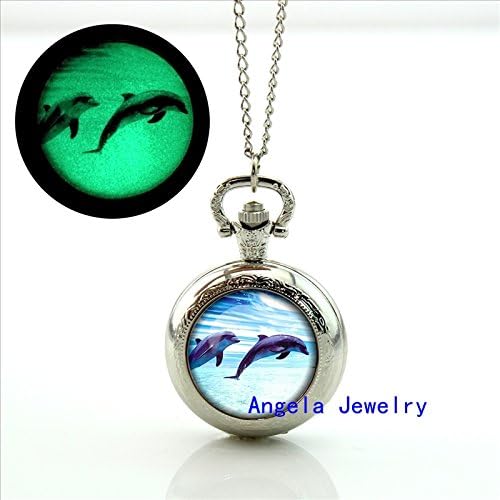 Pretty Lee Fashion Dolphin Glowing Pocket Watch Necklace Dolphins Glass Photo Jewelry Glow in The Dark Pendant