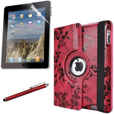 For Apple iPad 4, 3, 2 HIGH QUALITY PU Leather Case with Built-in 360 Rotating Stand, Sleep/Wake Up Function (DEEP RED) PLUS 2 SCREEN PROTECTORS (matte, clear) and STYLUS!!! Fashion Line!!!