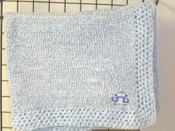 Bk42, Knitted on Hand Knitting Machine Then Finished By Hand Crochet Blue Chenille with Denim Cotton Tweed Infant Blanket Trimmed with Blue Car Patch