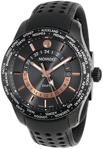 Movado Men's 2600118 Series 800 Black PVD Case Black Calfskin Leather Strap Grey Dial Rose Gold Accents Watch