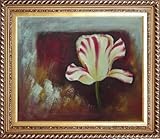 IMAGE OF White Red Striped Tulip Oil Painting, with Exquisite Dark Gold Wood Frame 26.5 x 30.5 inches