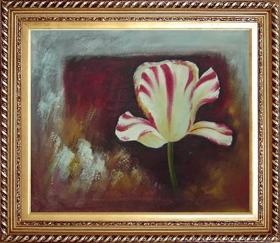 White Red Striped Tulip Oil Painting, with Exquisite Dark Gold Wood Frame 26.5 x 30.5 inches