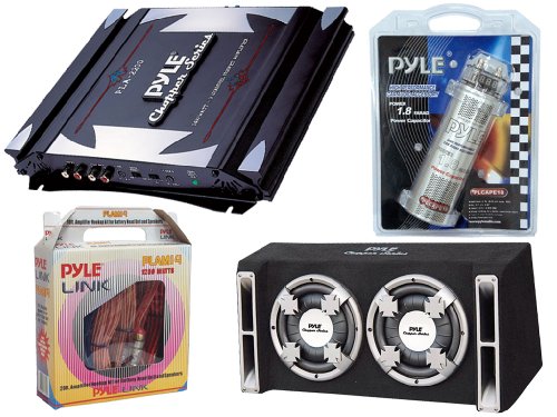 Pyle Mega Amplifier Subwoofer Capacitor Installation Package for Car Truck SUV -- PLA2200 2-Channel 1400W Bridgeable Mosfet Amplifier + PL210DS Dual 10-Inch Slim Designed Bass Box System + PLCAPE18 1.8 Farad Digital Power Capacitor + PLAM14 20 Ft. 8 Gauge 1000W Amplifier Hookup For Battery Head Unit and Speakers Installation Kit.