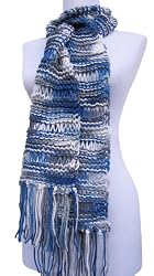 Handmade Lightweight Scarf - Open Weave in Blue and White (100% Knitted by Hand/Extra Long)