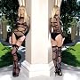 2Pc Sheer Long Sleeved Teddy With Opaque Lace Ups, Includes Matching Stockings