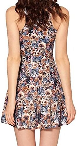 Women Girls 3D Digital Print Rockability Scoop Skater Dress Clubwear Ball Party (Cat)