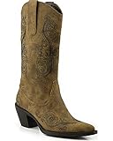 Roper Women's Faux Leather Scroll Embroidered Cowgirl Boot Pointed Toe Brown US