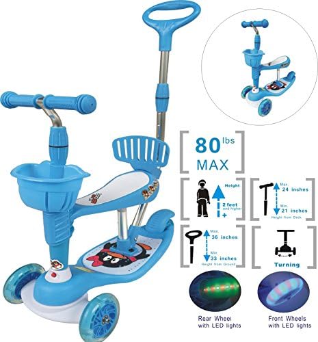 Voyage Kick Scooter for Kids, Tricycle Design,LED lights Up,3 Wheels Toddler Scooter, Adjustable Height T-bar Handle for Preschool Children (Blue for Boy or Girl)