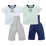 (ブルー/90cm) ベビー服 男の子 パジャマ 半袖 上下組 コットン100％ ロゴプリント ボーダー柄 腹巻付き 後ろマチ 男児 ベビー